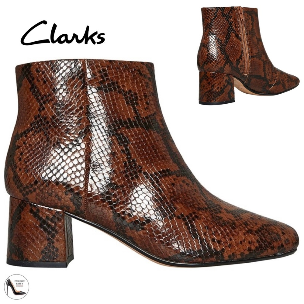 Clarks Sheer Flora 2 Ankle Boots Dark Tan Brown Snake print leather booties 6.5